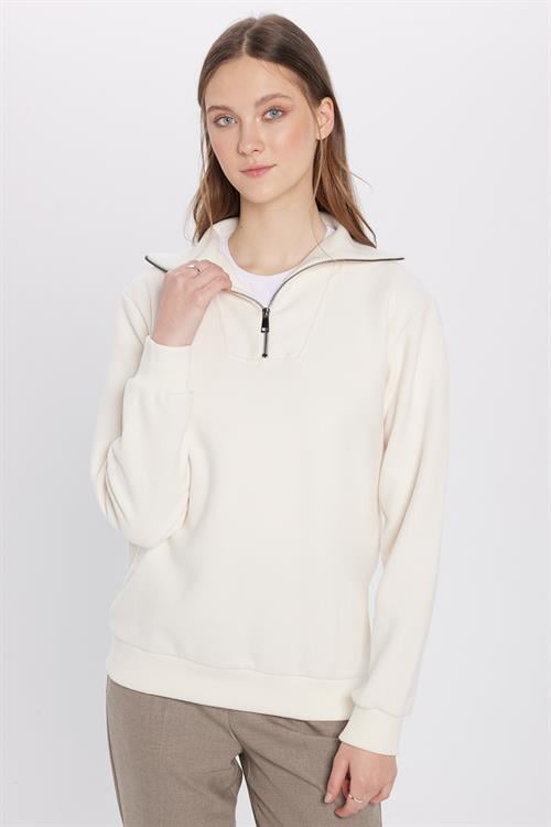 Unisex Relax Fit Rahat Kesim Fitilli Desenli Pamuklu Yarım Fermuarlı Ekru Dik Yaka Sweatshirt