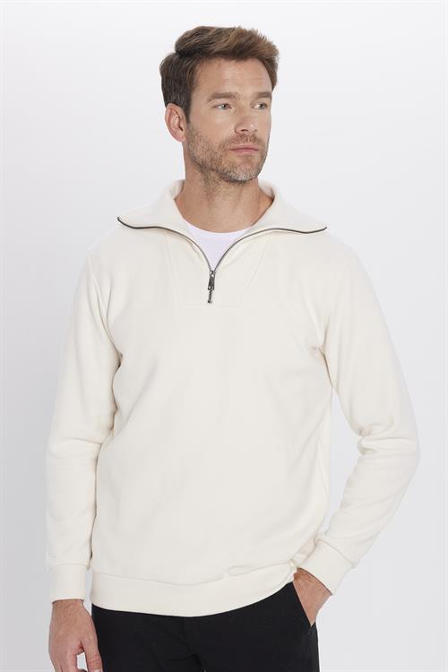 Unisex Relax Fit Rahat Kesim Fitilli Desenli Pamuklu Yarım Fermuarlı Ekru Dik Yaka Sweatshirt