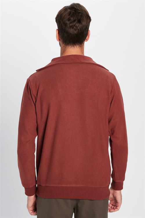 Unisex Relax Fit Rahat Kesim Desenli Pamuklu Yarım Fermuarlı Kiremit Renk Dik Yaka Sweatshirt