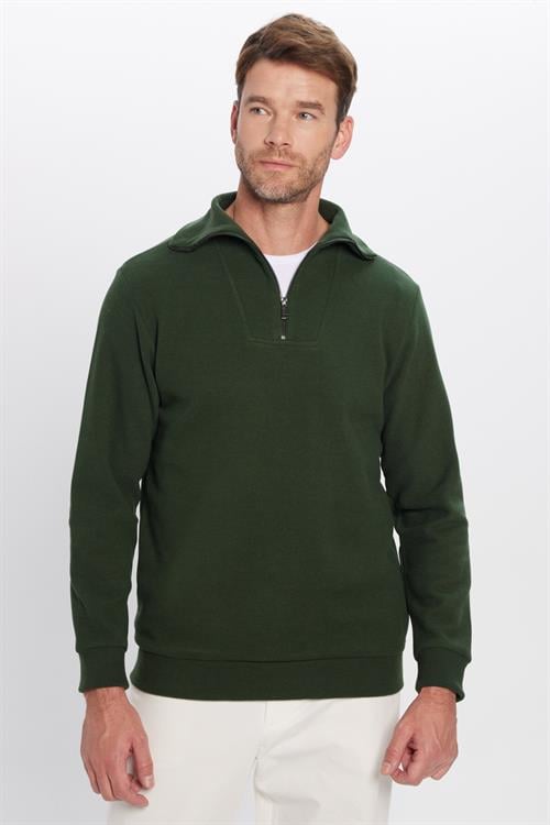 Unisex Relax Fit Rahat Kesim Fitilli Desenli Pamuklu Yarım Fermuarlı Yeşil Dik Yaka Sweatshirt