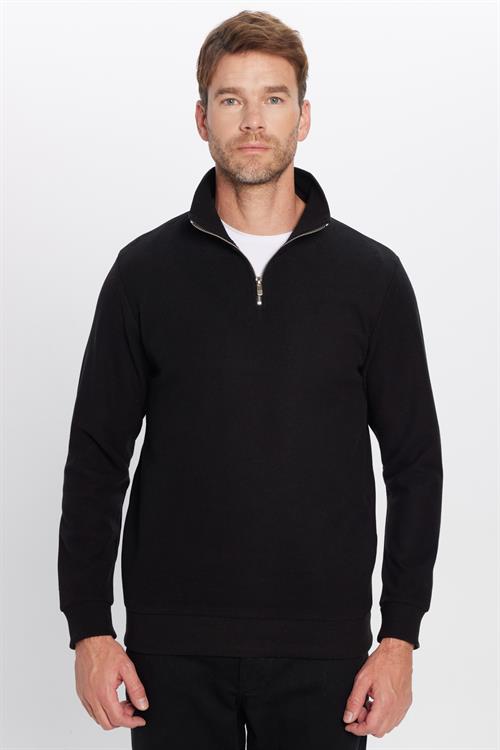 Unisex Relax Fit Rahat Kesim Fitilli Pamuklu Yarım Fermuarlı Siyah Dik Yaka Sweatshirt