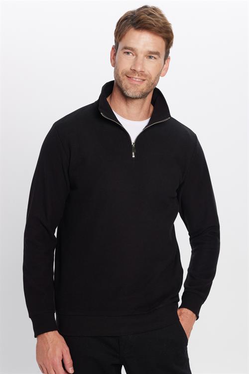 Unisex Relax Fit Rahat Kesim Fitilli Pamuklu Yarım Fermuarlı Siyah Dik Yaka Sweatshirt