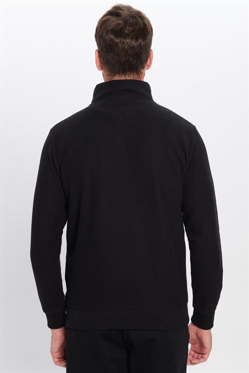 Unisex Relax Fit Rahat Kesim Fitilli Pamuklu Yarım Fermuarlı Siyah Dik Yaka Sweatshirt
