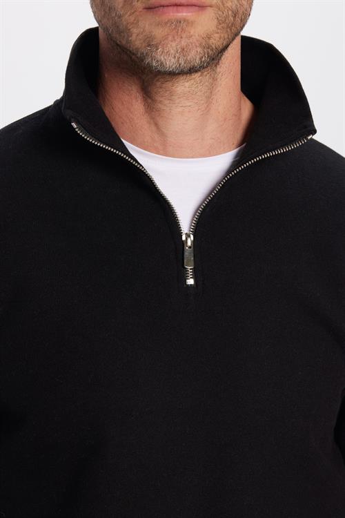 Unisex Relax Fit Rahat Kesim Fitilli Pamuklu Yarım Fermuarlı Siyah Dik Yaka Sweatshirt