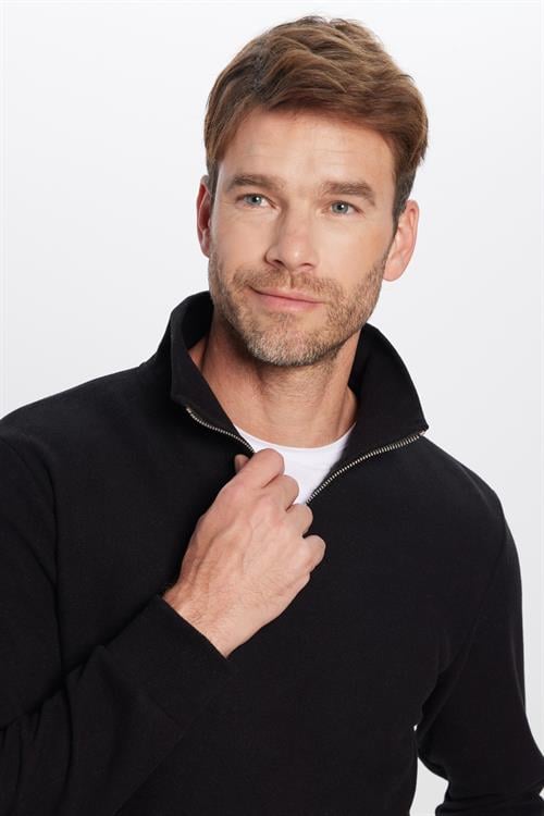 Unisex Relax Fit Rahat Kesim Fitilli Pamuklu Yarım Fermuarlı Siyah Dik Yaka Sweatshirt