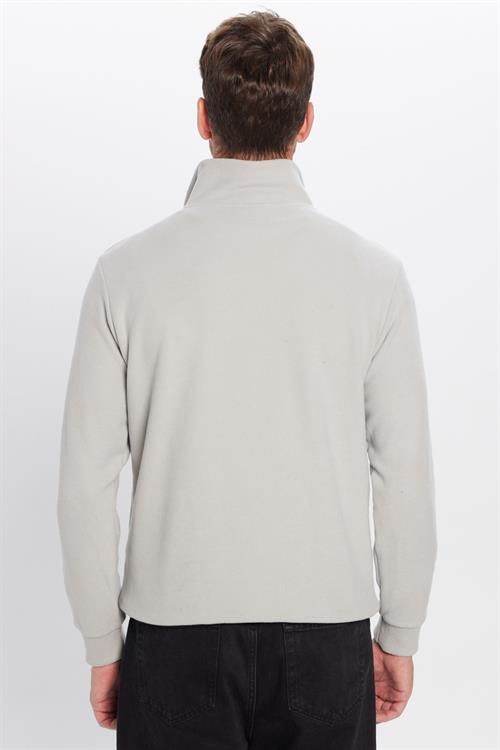 Unisex Relax Fit Rahat Kesim Fitilli Pamuklu Yarım Fermuarlı Gri Dik Yaka Sweatshirt
