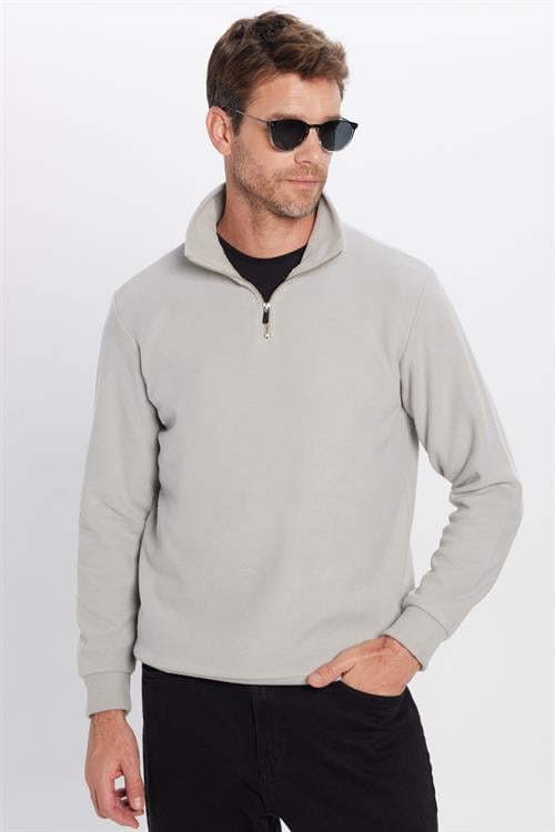 Unisex Relax Fit Rahat Kesim Fitilli Pamuklu Yarım Fermuarlı Gri Dik Yaka Sweatshirt