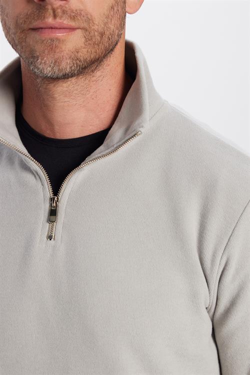 Unisex Relax Fit Rahat Kesim Fitilli Pamuklu Yarım Fermuarlı Gri Dik Yaka Sweatshirt