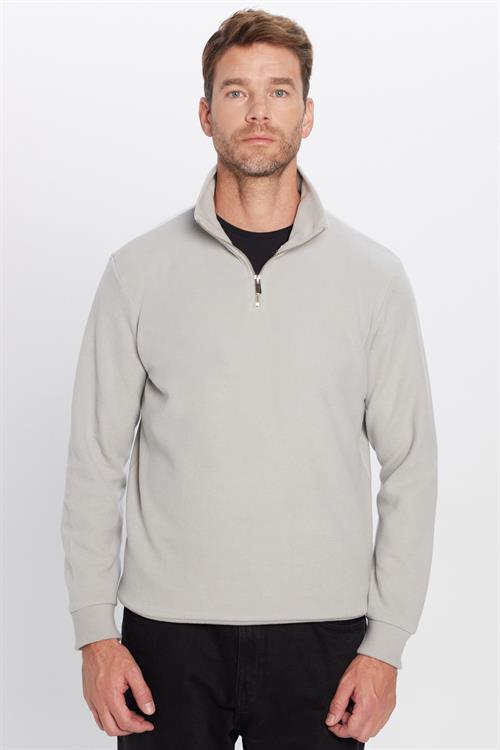 Unisex Relax Fit Rahat Kesim Fitilli Pamuklu Yarım Fermuarlı Gri Dik Yaka Sweatshirt