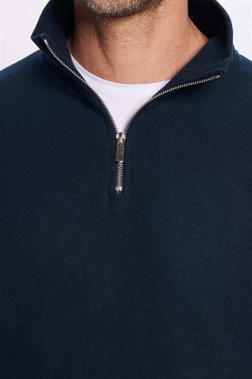 Unisex Relax Fit Rahat Kesim Fitilli Pamuklu Yarım Fermuarlı Lacivert Dik Yaka Sweatshirt