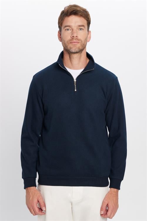 Unisex Relax Fit Rahat Kesim Fitilli Pamuklu Yarım Fermuarlı Lacivert Dik Yaka Sweatshirt
