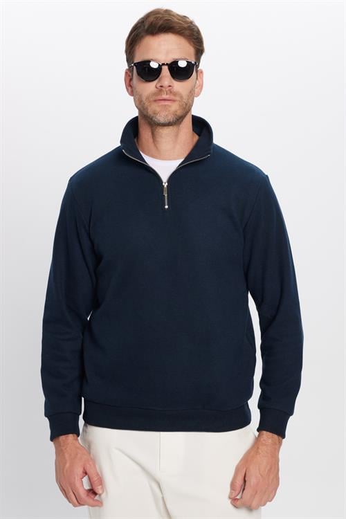 Unisex Relax Fit Rahat Kesim Fitilli Pamuklu Yarım Fermuarlı Lacivert Dik Yaka Sweatshirt