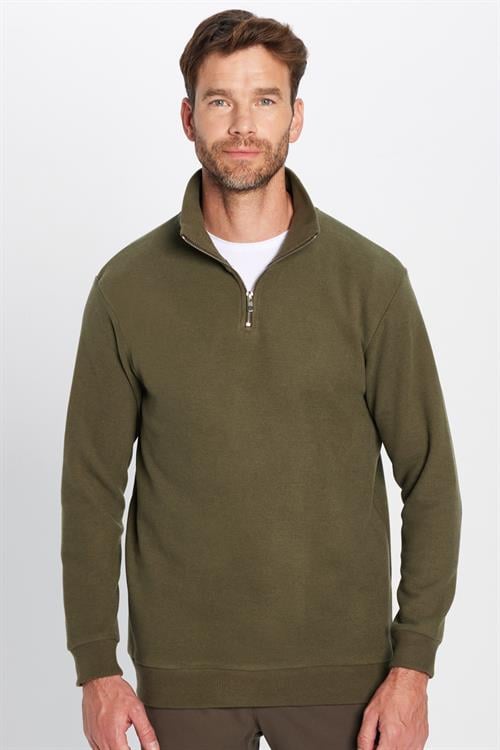Unisex Relax Fit Rahat Kesim Fitilli Pamuklu Yarım Fermuarlı Haki Dik Yaka Sweatshirt