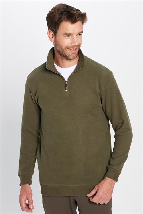 Unisex Relax Fit Rahat Kesim Fitilli Pamuklu Yarım Fermuarlı Haki Dik Yaka Sweatshirt