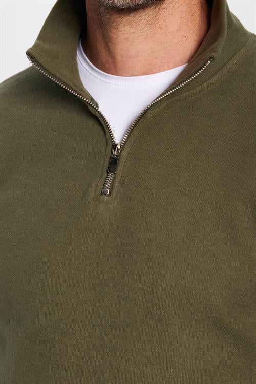 Unisex Relax Fit Rahat Kesim Fitilli Pamuklu Yarım Fermuarlı Haki Dik Yaka Sweatshirt