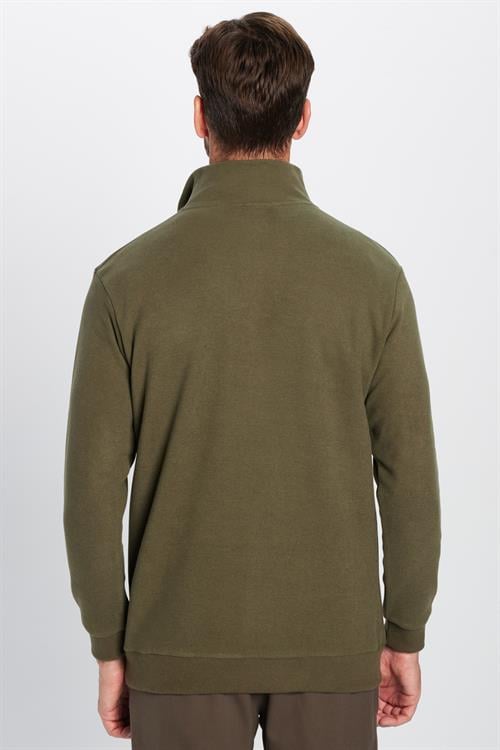 Unisex Relax Fit Rahat Kesim Fitilli Pamuklu Yarım Fermuarlı Haki Dik Yaka Sweatshirt