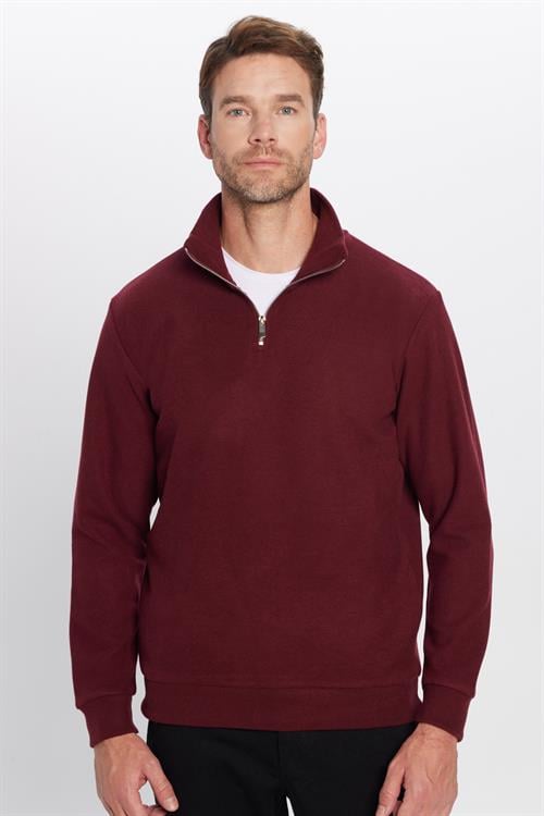Unisex Relax Fit Rahat Kesim Fitilli Pamuklu Yarım Fermuarlı Bordo Dik Yaka Sweatshirt