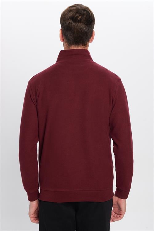 Unisex Relax Fit Rahat Kesim Fitilli Pamuklu Yarım Fermuarlı Bordo Dik Yaka Sweatshirt