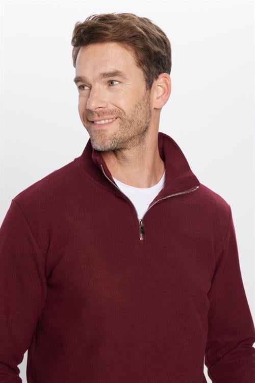 Unisex Relax Fit Rahat Kesim Fitilli Pamuklu Yarım Fermuarlı Bordo Dik Yaka Sweatshirt
