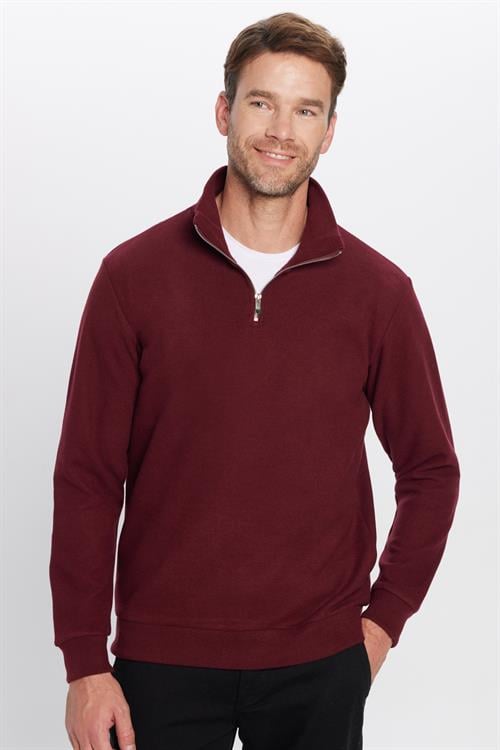 Unisex Relax Fit Rahat Kesim Fitilli Pamuklu Yarım Fermuarlı Bordo Dik Yaka Sweatshirt