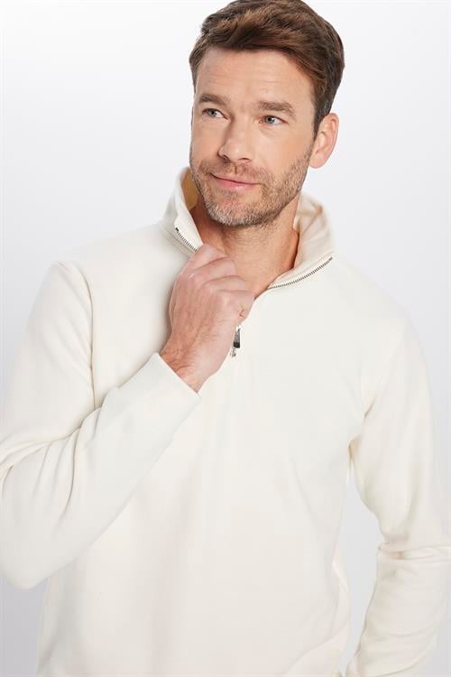 Unisex Relax Fit Rahat Kesim Fitilli Desenli Pamuklu Yarım Fermuarlı Ekru Dik Yaka Sweatshirt