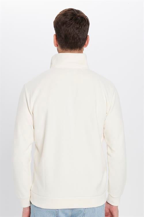 Unisex Relax Fit Rahat Kesim Fitilli Desenli Pamuklu Yarım Fermuarlı Ekru Dik Yaka Sweatshirt