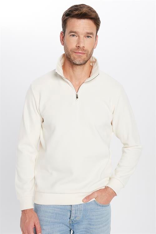 Unisex Relax Fit Rahat Kesim Fitilli Desenli Pamuklu Yarım Fermuarlı Ekru Dik Yaka Sweatshirt