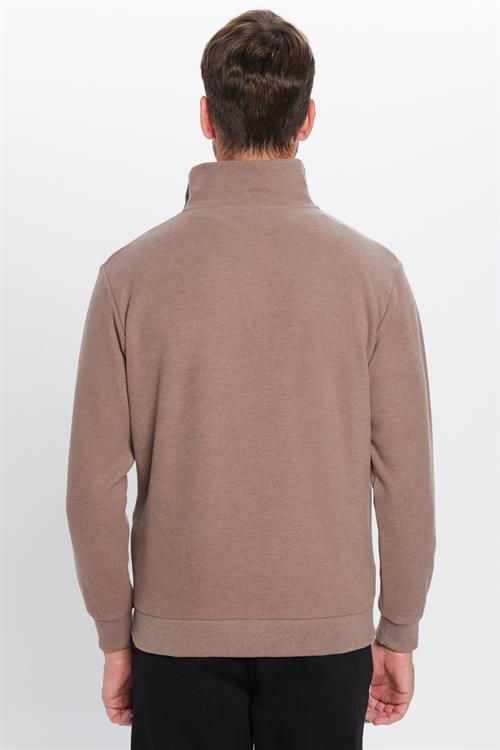 Unisex Relax Fit Rahat Kesim Fitilli Desenli Pamuklu Yarım Fermuarlı Kahverengi Dik Yaka Sweatshirt