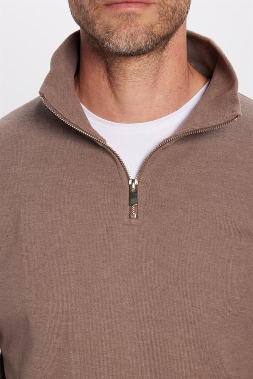 Unisex Relax Fit Rahat Kesim Fitilli Desenli Pamuklu Yarım Fermuarlı Kahverengi Dik Yaka Sweatshirt