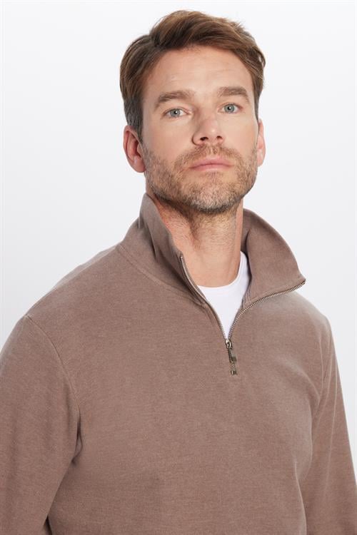 Unisex Relax Fit Rahat Kesim Fitilli Desenli Pamuklu Yarım Fermuarlı Kahverengi Dik Yaka Sweatshirt