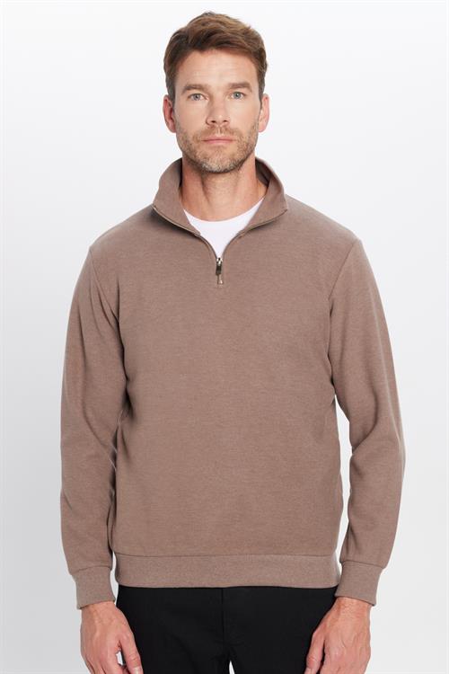 Unisex Relax Fit Rahat Kesim Fitilli Desenli Pamuklu Yarım Fermuarlı Kahverengi Dik Yaka Sweatshirt