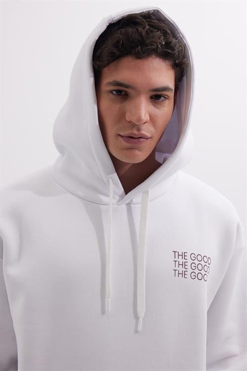 Unisex Oversize Geniş Kesim Pamuklu Yumuşak Dokulu İçi Polarlı Baskılı Beyaz Kapüşonlu Sweatshirt