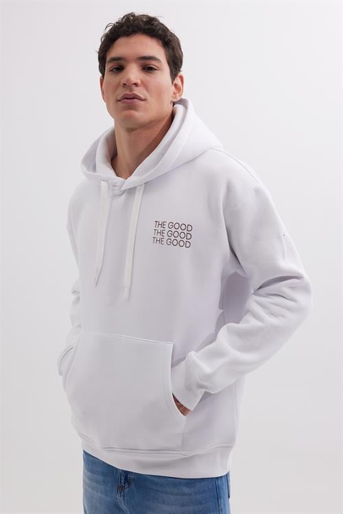 Unisex Oversize Geniş Kesim Pamuklu Yumuşak Dokulu İçi Polarlı Baskılı Beyaz Kapüşonlu Sweatshirt - 1 Alana 1 Bedava