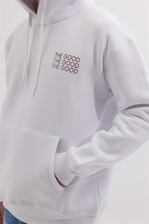 Unisex Oversize Geniş Kesim Pamuklu Yumuşak Dokulu İçi Polarlı Baskılı Beyaz Kapüşonlu Sweatshirt