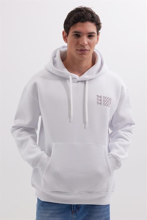 Unisex Oversize Geniş Kesim Pamuklu Yumuşak Dokulu İçi Polarlı Baskılı Beyaz Kapüşonlu Sweatshirt