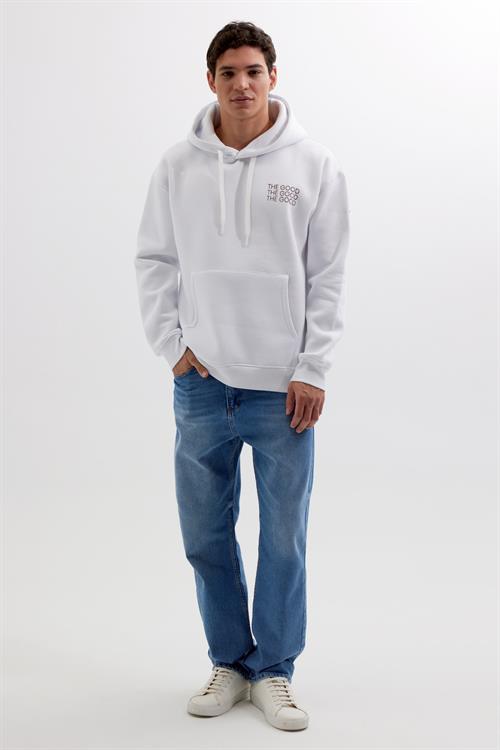 Unisex Oversize Geniş Kesim Pamuklu Yumuşak Dokulu İçi Polarlı Baskılı Beyaz Kapüşonlu Sweatshirt