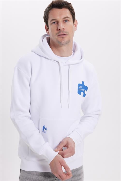 Unisex Oversize Geniş Kesim Pamuklu Yumuşak Dokulu İçi Polarlı Baskılı Beyaz Kapüşonlu Sweatshirt