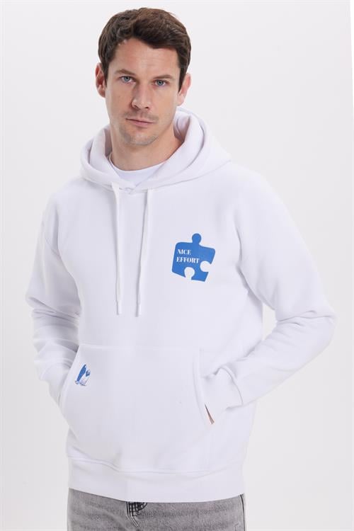 Unisex Oversize Geniş Kesim Pamuklu Yumuşak Dokulu İçi Polarlı Baskılı Beyaz Kapüşonlu Sweatshirt