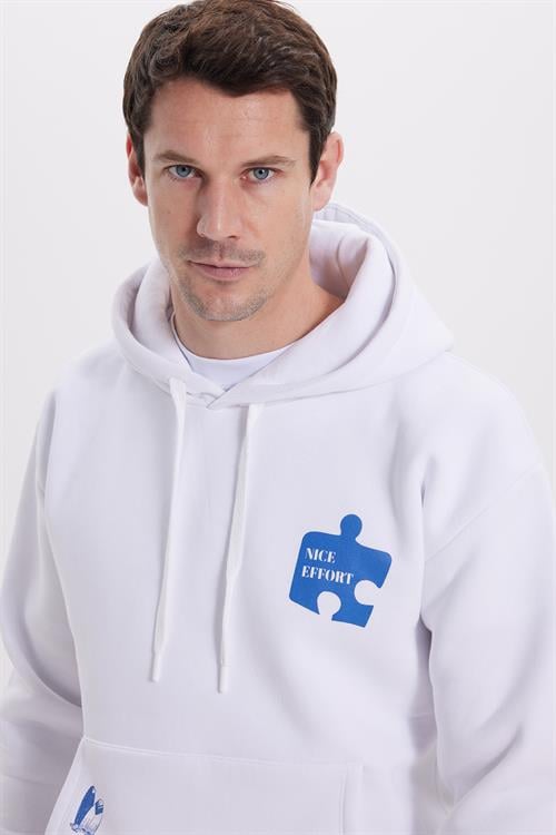 Unisex Oversize Geniş Kesim Pamuklu Yumuşak Dokulu İçi Polarlı Baskılı Beyaz Kapüşonlu Sweatshirt
