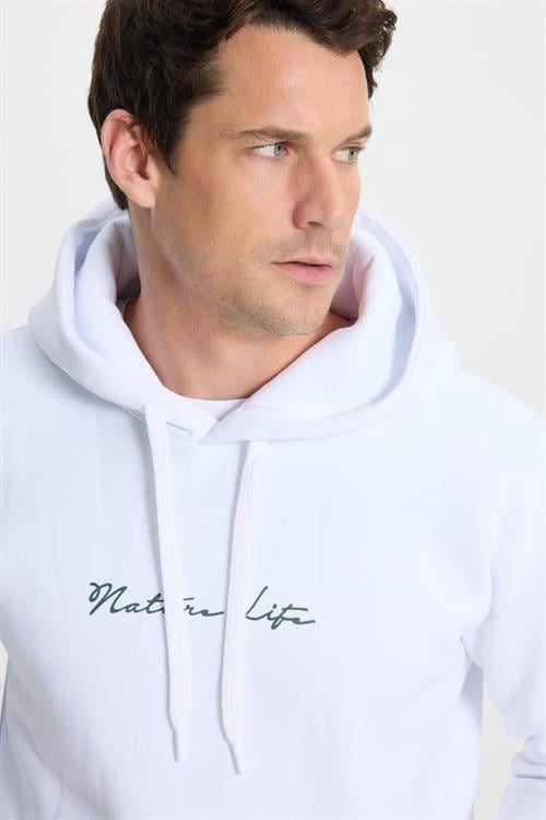 Unisex Oversize Geniş Kesim Pamuklu Yumuşak Dokulu İçi Polarlı Baskılı Beyaz Kapüşonlu Sweatshirt