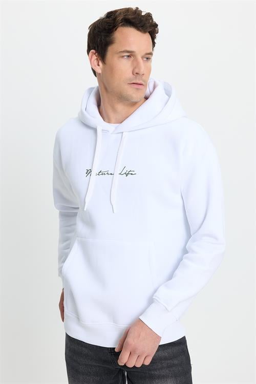 Unisex Oversize Geniş Kesim Pamuklu Yumuşak Dokulu İçi Polarlı Baskılı Beyaz Kapüşonlu Sweatshirt