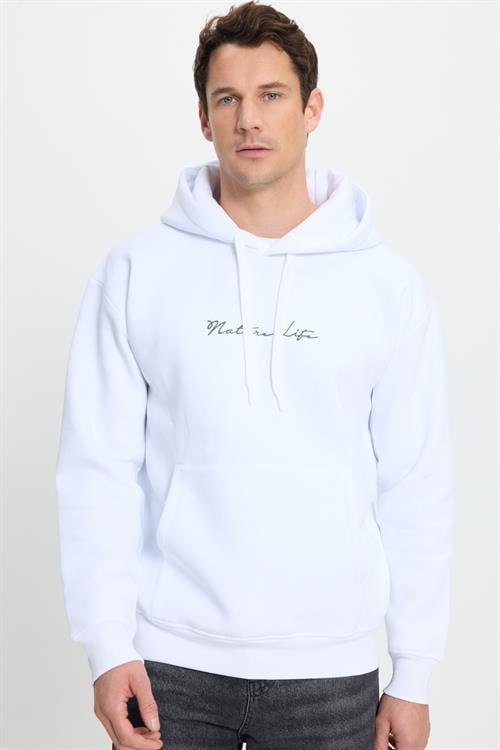 Unisex Oversize Geniş Kesim Pamuklu Yumuşak Dokulu İçi Polarlı Baskılı Beyaz Kapüşonlu Sweatshirt