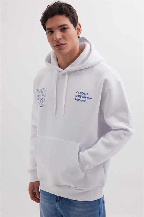 Unisex Oversize Geniş Kesim Pamuklu Yumuşak Dokulu İçi Polarlı Baskılı Beyaz Kapüşonlu Sweatshirt