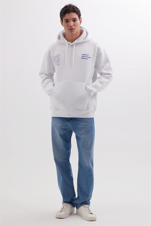 Unisex Oversize Geniş Kesim Pamuklu Yumuşak Dokulu İçi Polarlı Baskılı Beyaz Kapüşonlu Sweatshirt