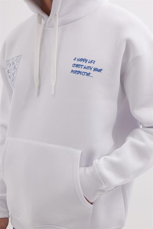 Unisex Oversize Geniş Kesim Pamuklu Yumuşak Dokulu İçi Polarlı Baskılı Beyaz Kapüşonlu Sweatshirt