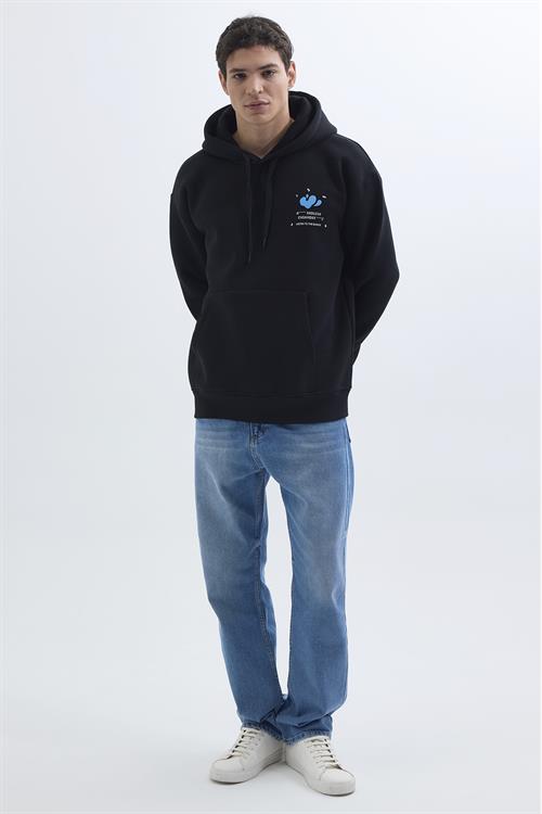 Unisex Oversize Geniş Kesim Pamuklu Yumuşak Dokulu İçi Polarlı Baskılı Siyah Kapüşonlu Sweatshirt