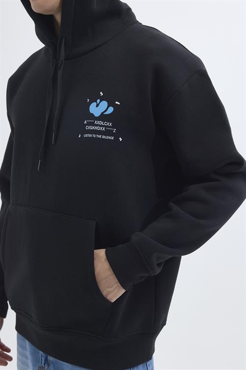 Unisex Oversize Geniş Kesim Pamuklu Yumuşak Dokulu İçi Polarlı Baskılı Siyah Kapüşonlu Sweatshirt