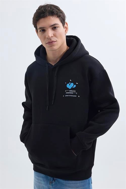 Unisex Oversize Geniş Kesim Pamuklu Yumuşak Dokulu İçi Polarlı Baskılı Siyah Kapüşonlu Sweatshirt