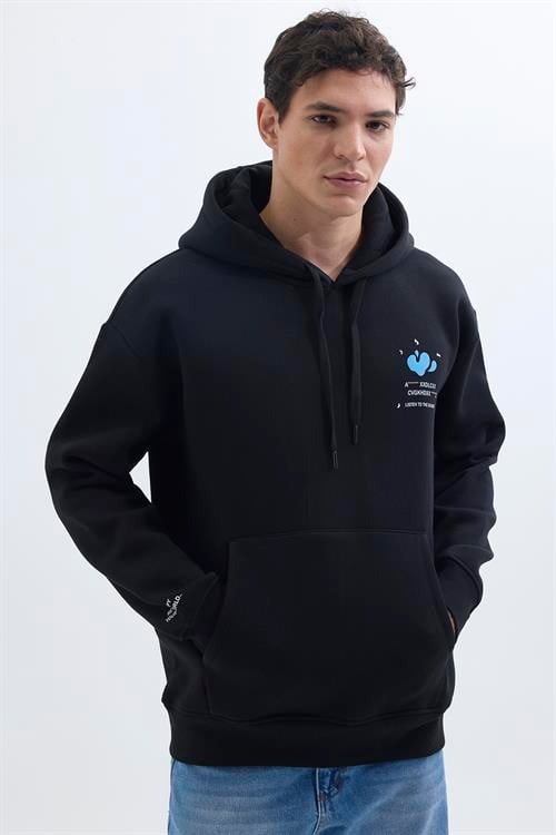 Unisex Oversize Geniş Kesim Pamuklu Yumuşak Dokulu İçi Polarlı Baskılı Siyah Kapüşonlu Sweatshirt