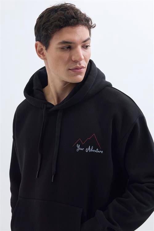Unisex Oversize Geniş Kesim Pamuklu Yumuşak Dokulu İçi Polarlı Baskılı Siyah Kapüşonlu Sweatshirt
